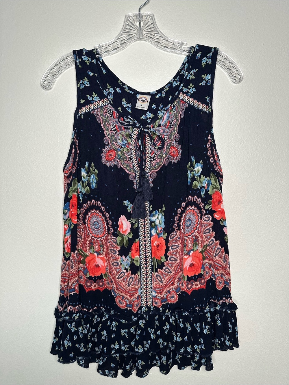 Bila Large sleeveless Boho gauze like fabric top w/tie at neck and hem ruffle